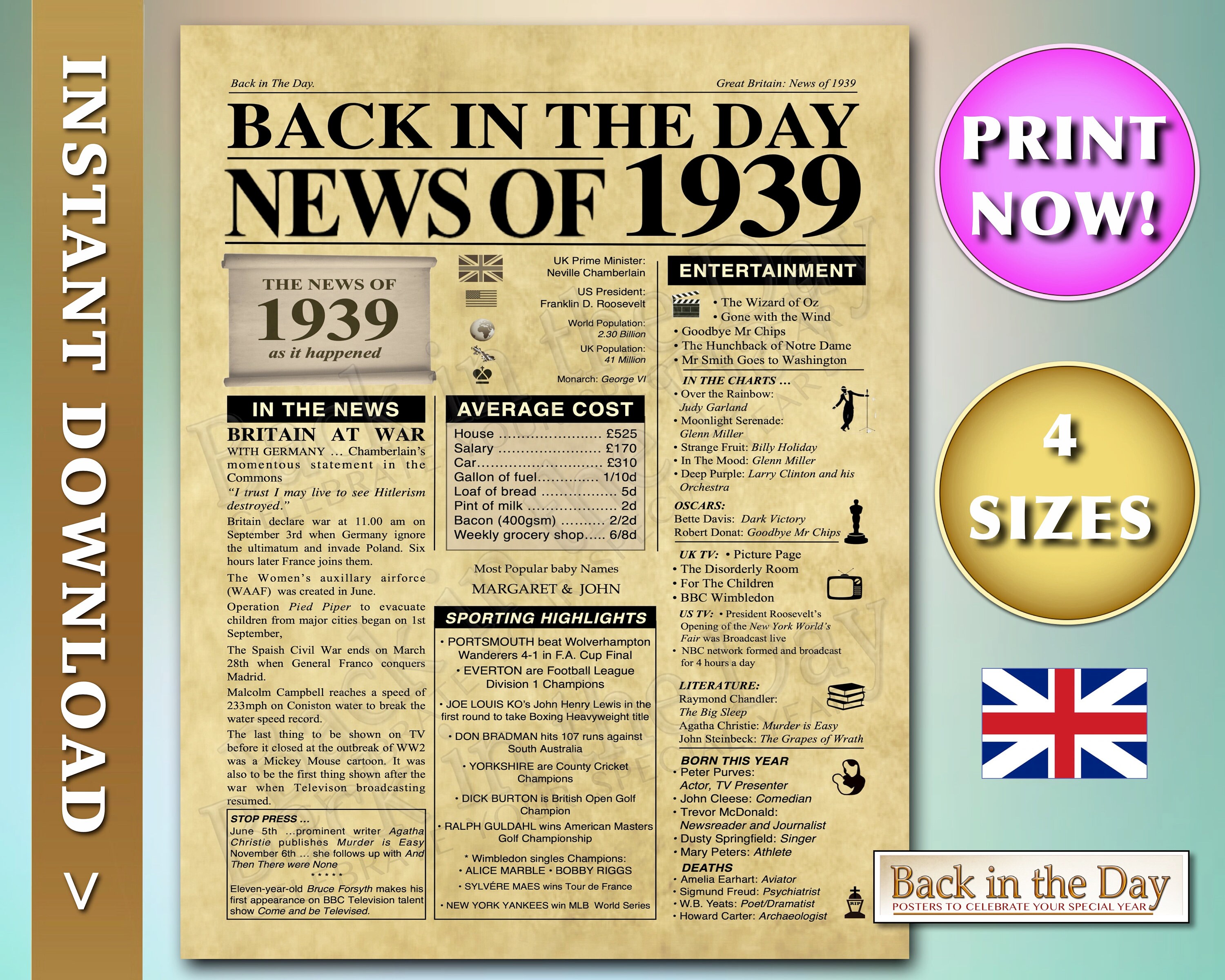 The Year You Were Born 1939 Celebration News Poster Back in Etsy UK