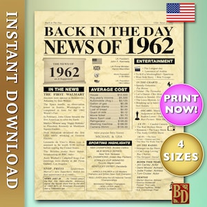 61 anni fa, nel 1962, vecchio poster di anniversario in stile giornale, versione USA