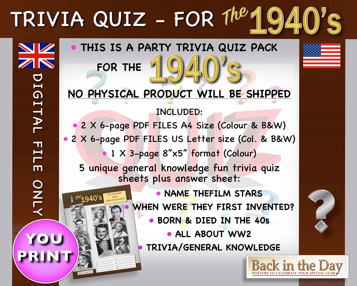 1940s Trivia Quiz pack Celebration party gift back in the | Etsy