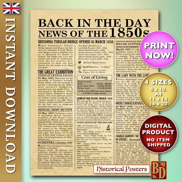 Victorian style newspaper, historical news, 1850s in Britain