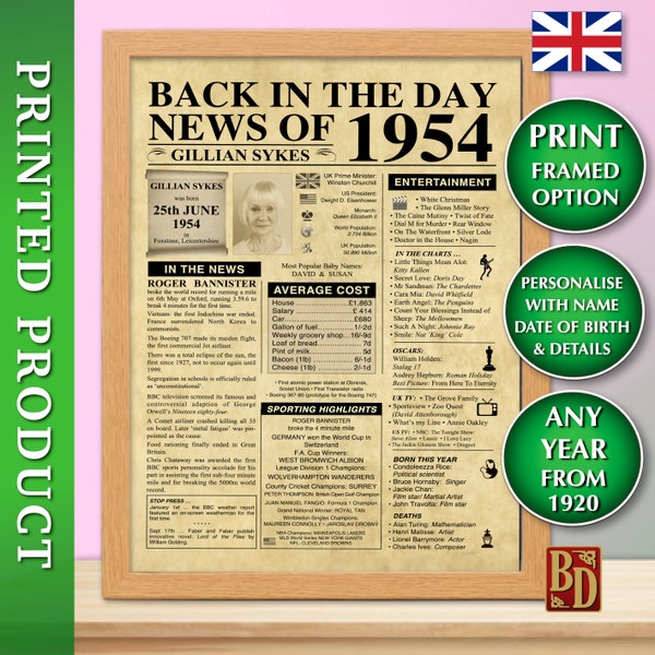 IMPRIMÉ, L'année de votre naissance, N'importe quelle année, Affiche de journal personnalisée, Version britannique, Retour dans la journée, Signe d'anniversaire
