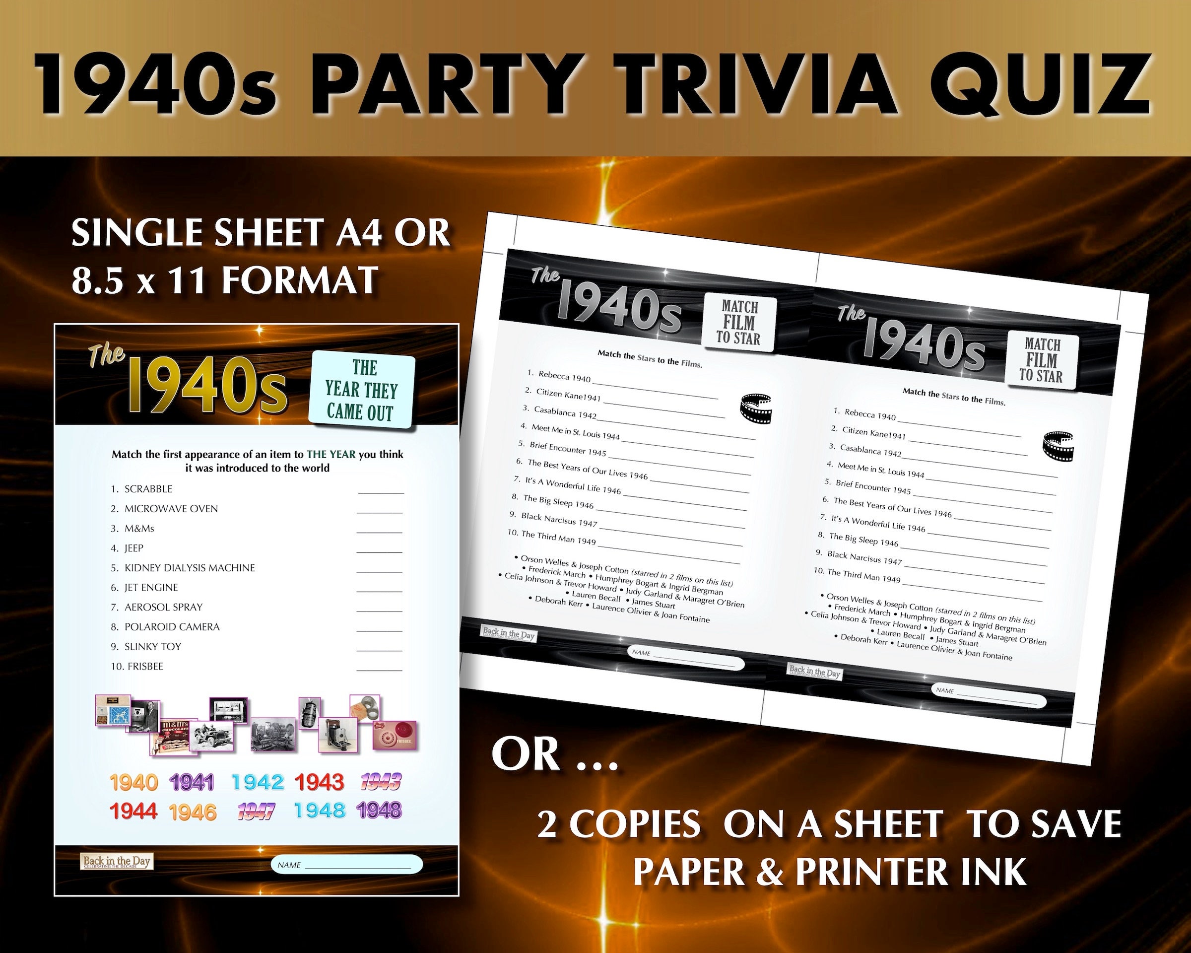 1940's Printable Trivia Quiz Game Bundle Instant - Etsy