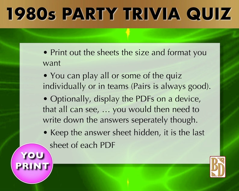 1980's Printable Trivia Quiz Game Bundle Instant - Etsy Australia