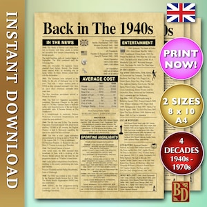 1940s,1950s,1960s,1970s, Old Newspaper style Poster, UK version