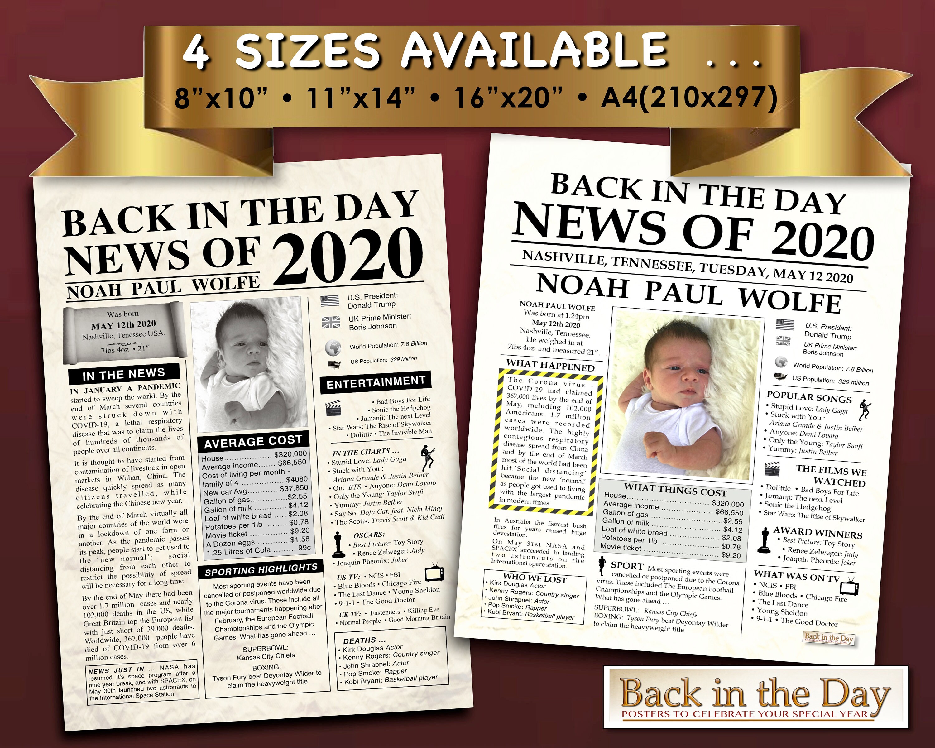 Born in 2020 Birth celebration posterPersonalised Newspaper Etsy