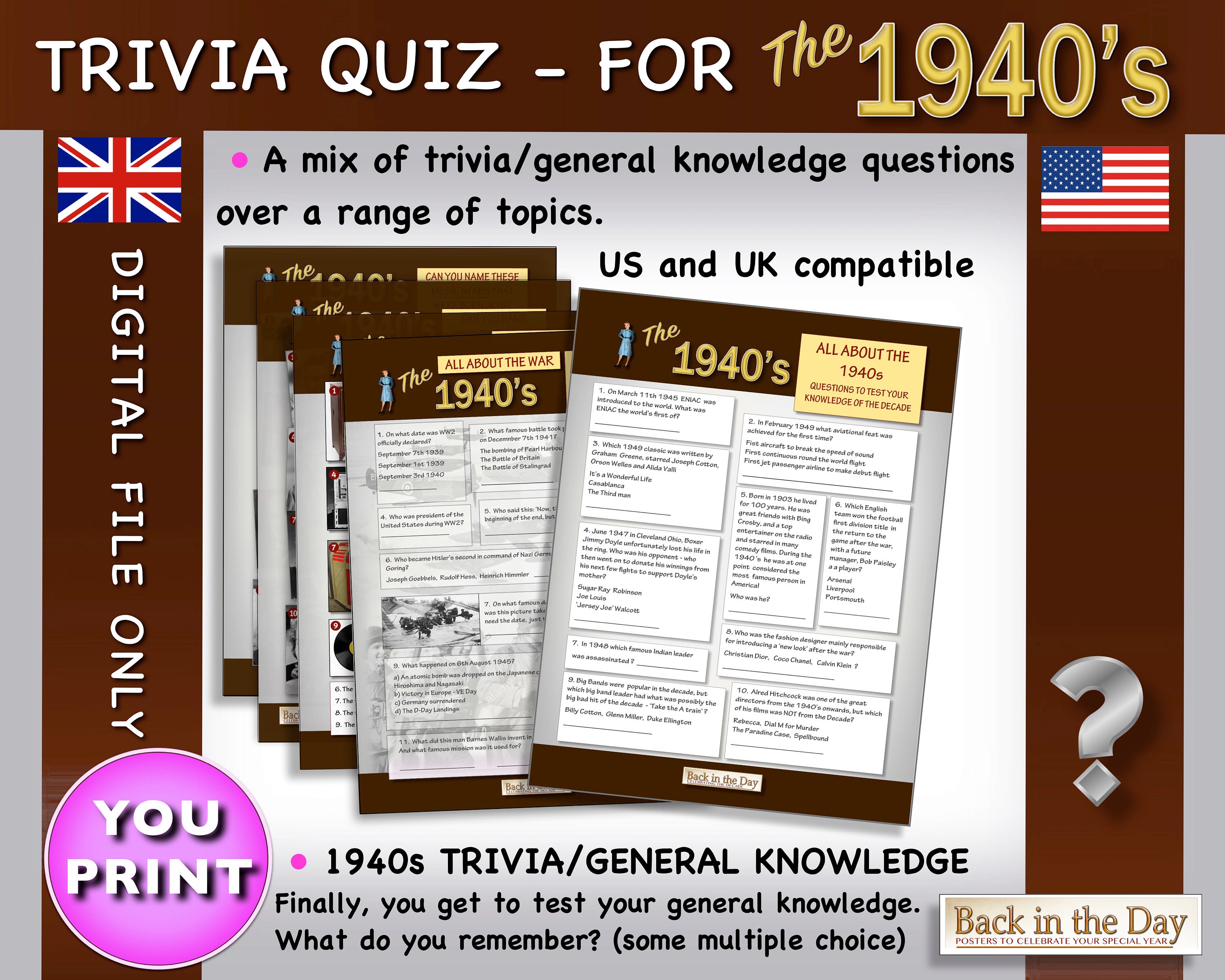 1940s Trivia Quiz Pack Celebration Party Gift Back In The Etsy UK