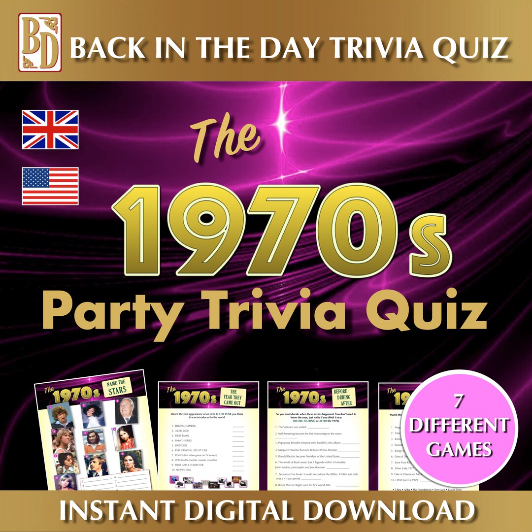 1970's Printable, Trivia Quiz Game Bundle, Instant Download, Party Gift ...