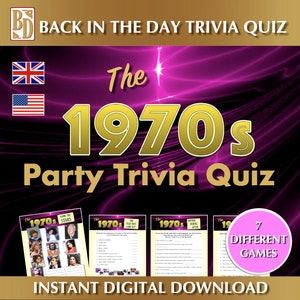 1970's Printable, Trivia Quiz Game bundle, Instant download, Party gift,