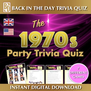 Imprimible de 1970, paquete de juegos de preguntas y respuestas, descarga instantánea, regalo de fiesta,