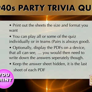 1940's Printable, Trivia Quiz Game Bundle, Instant Download, Party Gift ...