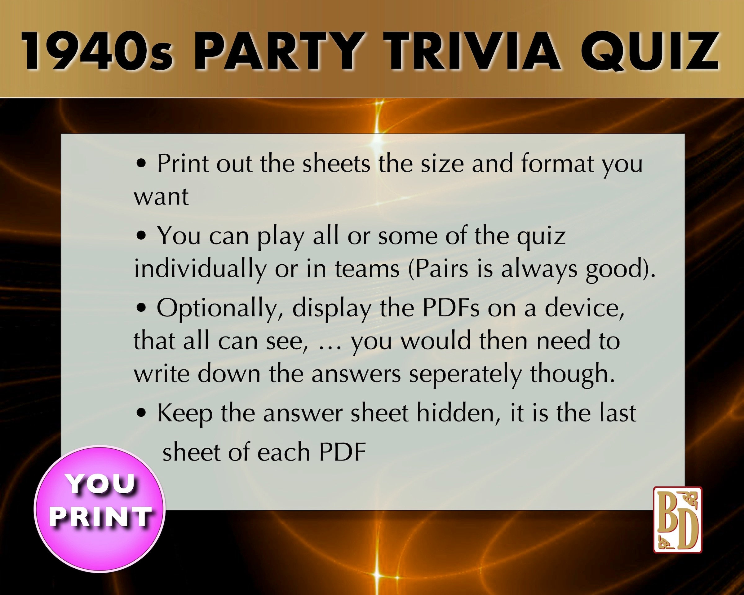 1940's Printable Trivia Quiz Game Bundle Instant - Etsy
