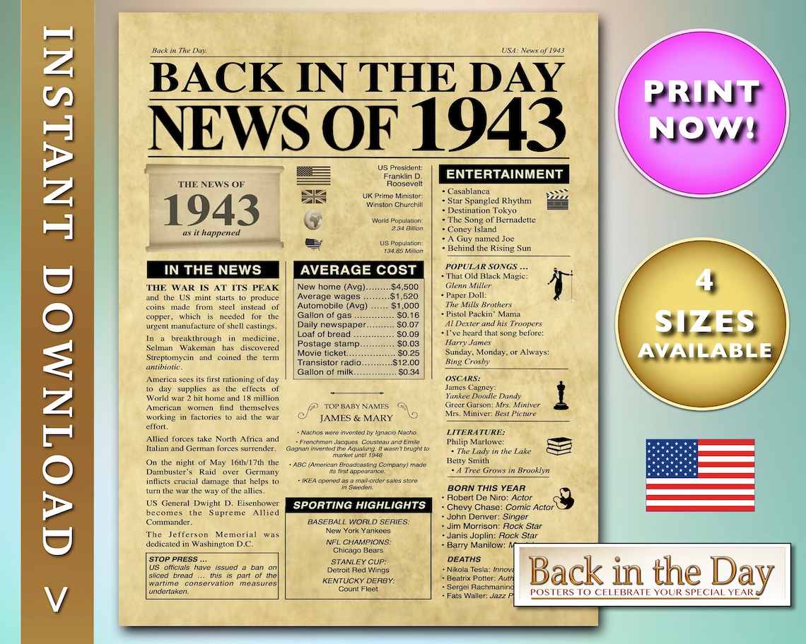 The Year You Were Born 1943 Celebration News Poster Back in Etsy UK
