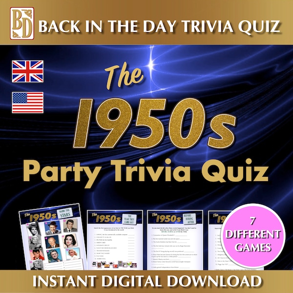 1950's Printable, Trivia Quiz Game bundle, Instant download, Party gift,