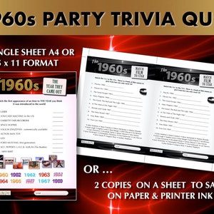 1960's Printable, Trivia Quiz Game Bundle, Instant Download, Party Gift ...