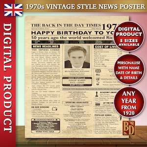 50th birthday gift for him or her,1970s vintage birthday newspaper poster sign