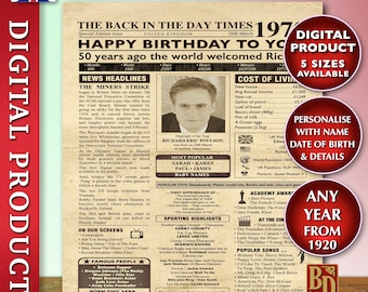 50th birthday gift for him or her,1970s vintage birthday newspaper poster sign