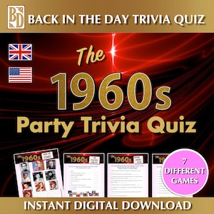 1960&#39;s Printable, Trivia Quiz Game bundle, Instant download, Party gift,