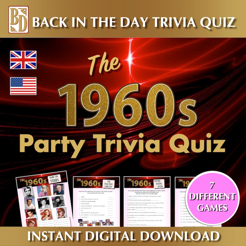 1960's Printable, Trivia Quiz Game Bundle, Instant Download, Party Gift ...