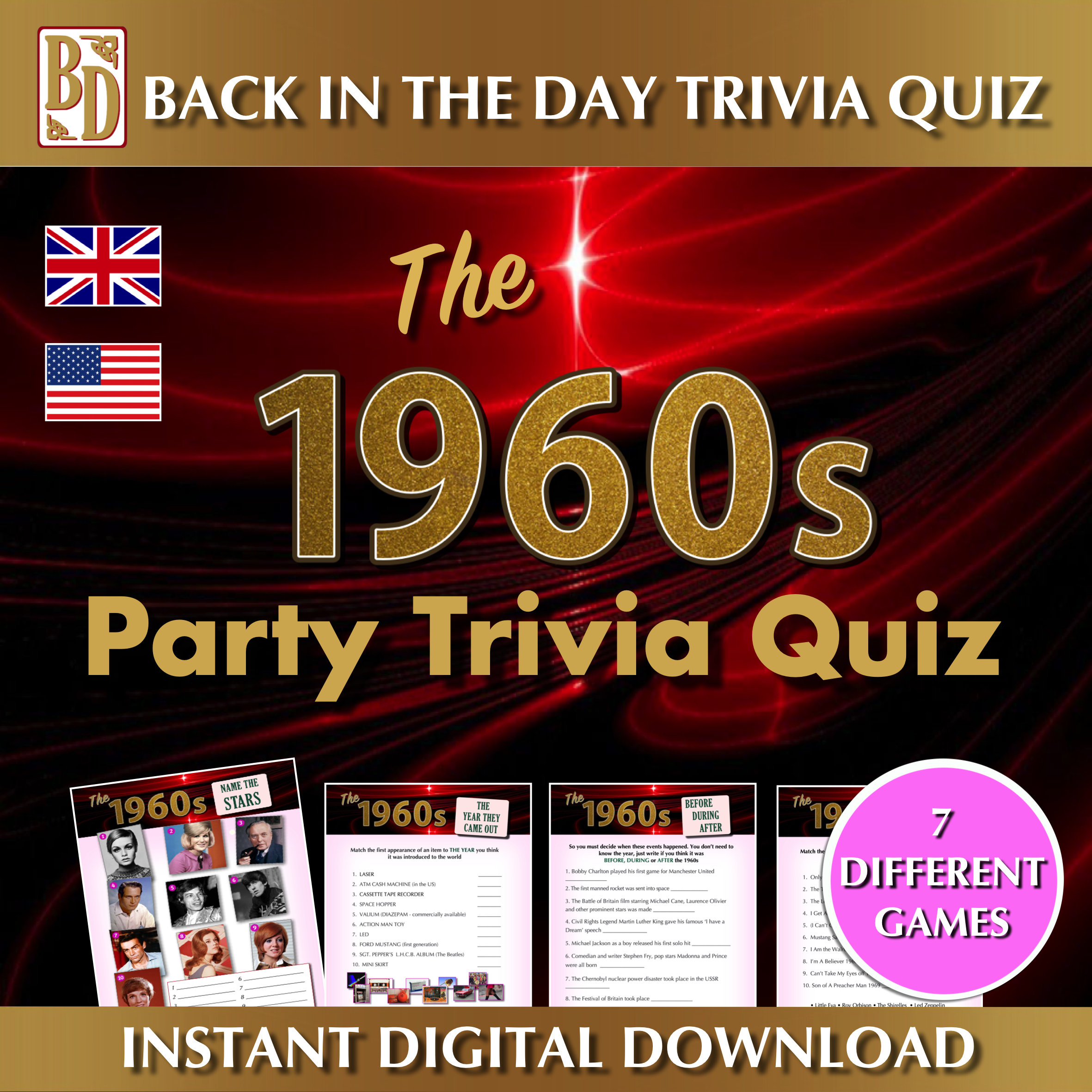 1960's Printable, Trivia Quiz Game Bundle, Instant Download, Party Gift ...