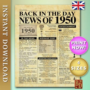 Back in 1950 poster. The year you were born Celebration News Poster, back in the day 1950. UK version