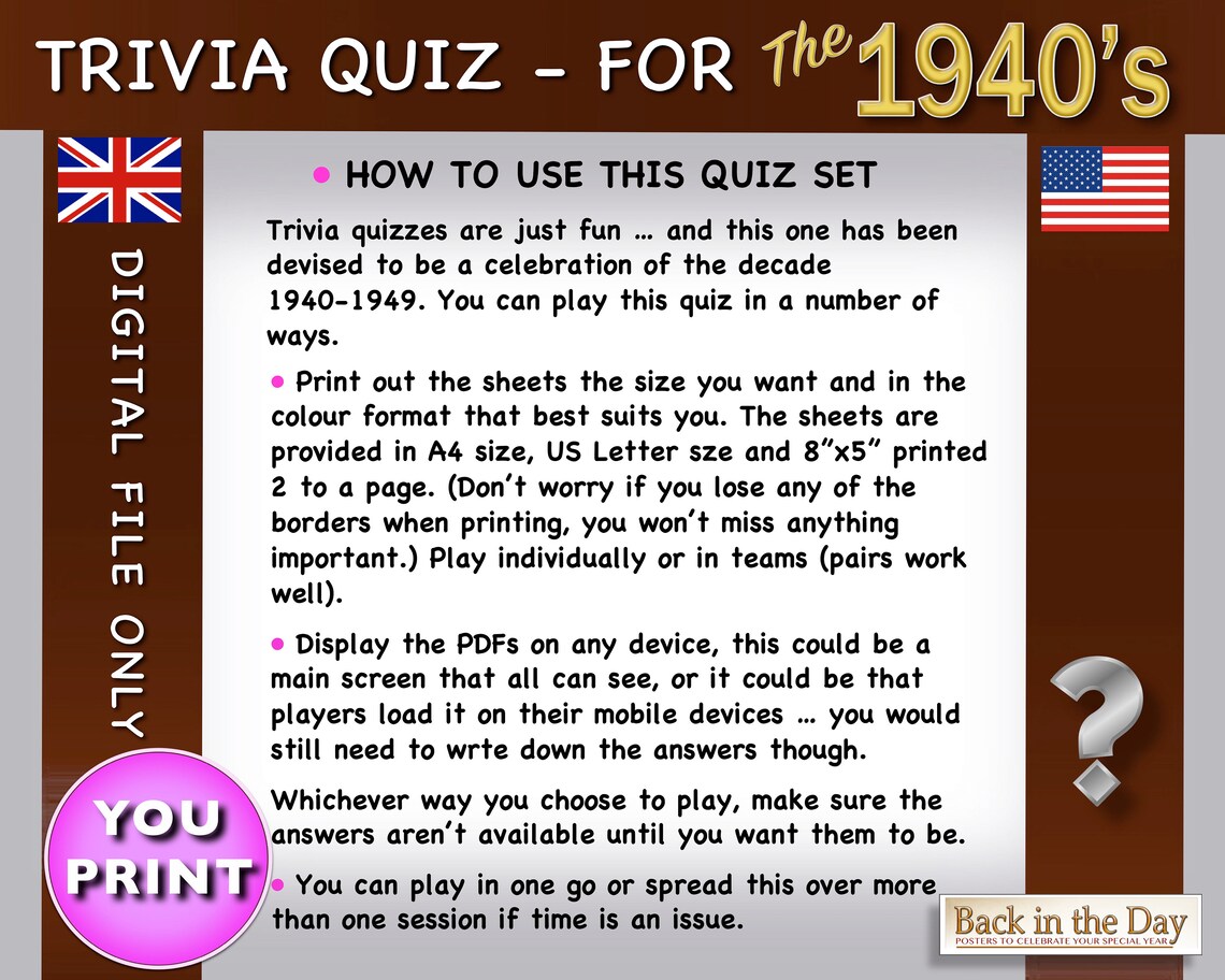 1940s Trivia Quiz Pack Celebration Party Gift Back in the | Etsy UK