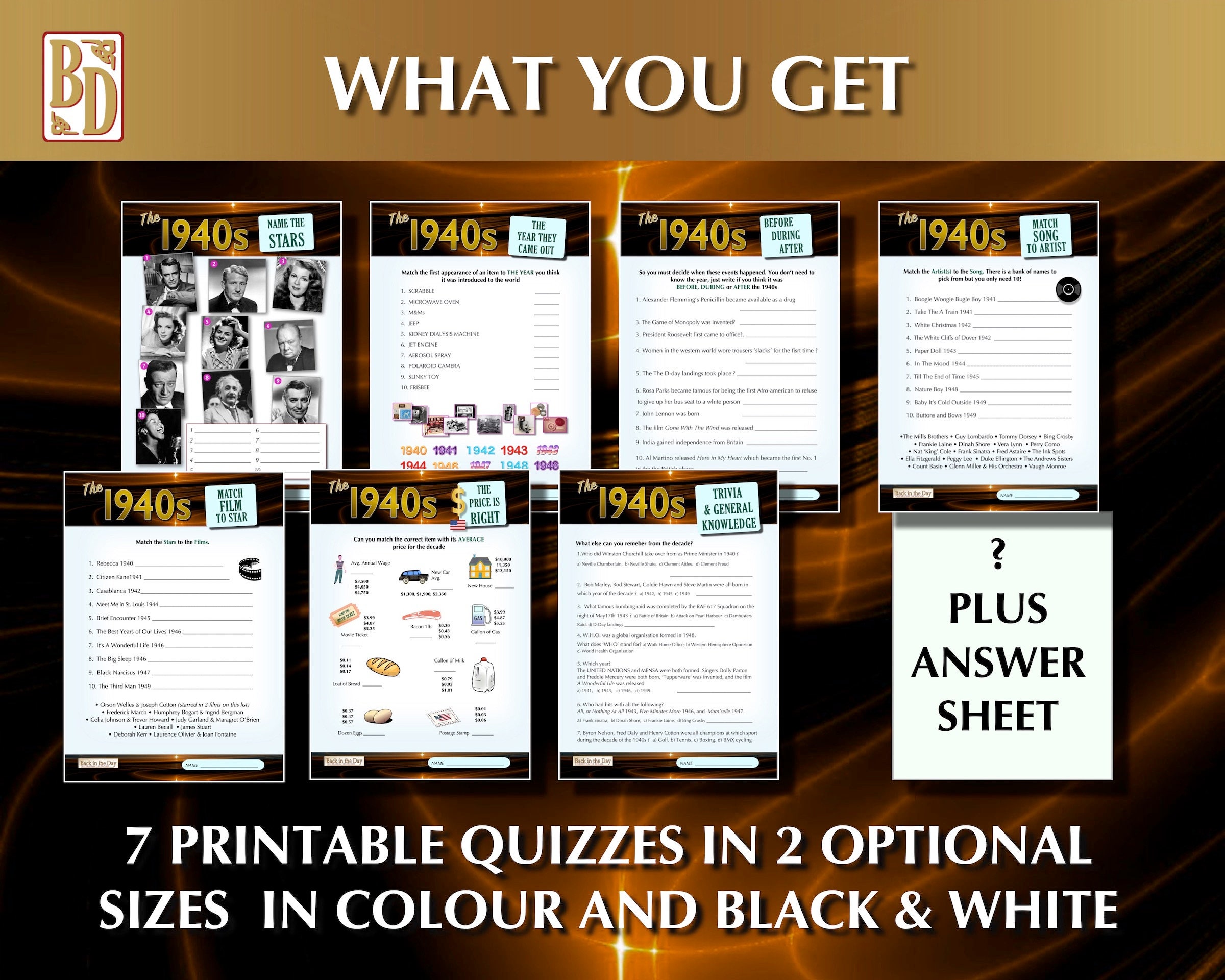 1940's Printable, Trivia Quiz Game Bundle, Instant Download, Party Gift ...