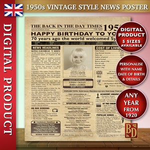 70th birthday gift for him or her, 1950s vintage birthday newspaper poster sign