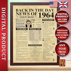 Der Tag, an dem du geboren wurdest, personalisiertes Zeitungsplakat, 1964, jedes Jahr, DIGITAL, wieder am Tag, Geburtstagsschild