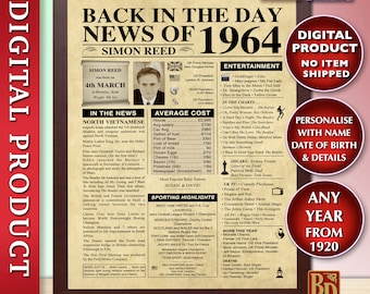 Personalized "Back in the Day" Newspaper Print, Birthday Gift (Digital Download)