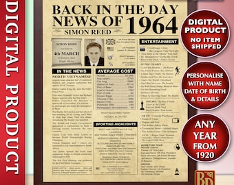 The Day you were born, Personalised Newspaper poster, 1964, ANY YEAR,DIGITAL, Back in the Day, Birthday Sign