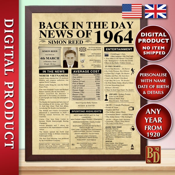The Day you were born, Personalised Newspaper poster, 1964, ANY YEAR,DIGITAL, Back in the Day, Birthday Sign