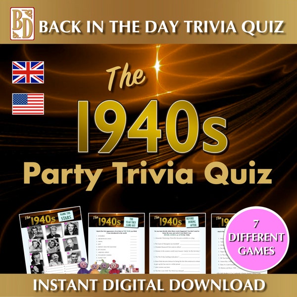 1940's Printable, Trivia Quiz Game bundle, Instant download, Party gift,