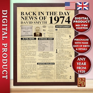 The day you were born, any year,Personalised Newspaper style poster,DIGITAL,NOT PRINTED,Back in the Day,Birthday Sign