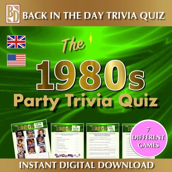 1980's Printable, Trivia Quiz Game bundle, Instant download, Party gift,