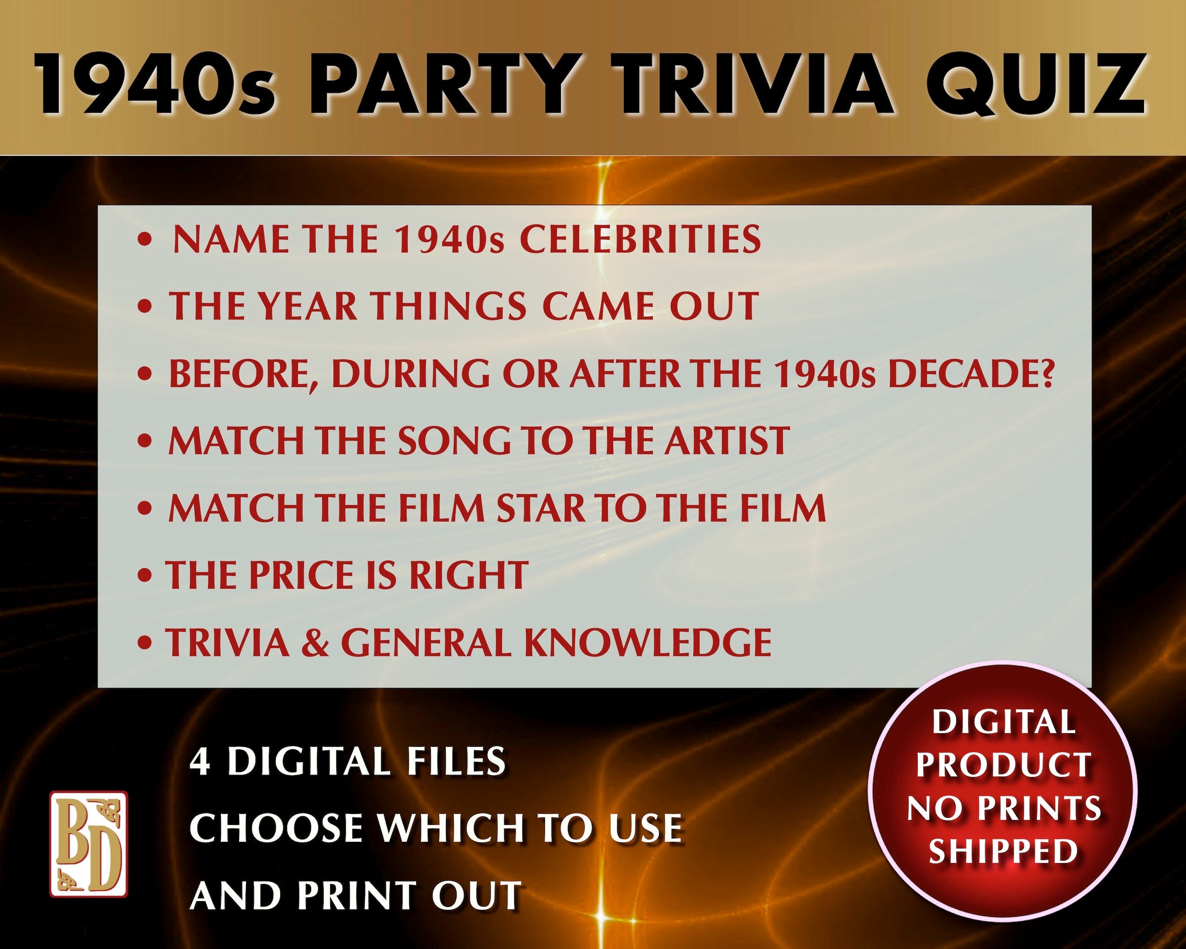 1940's Printable, Trivia Quiz Game Bundle, Instant Download, Party Gift ...