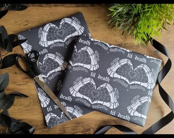 Skeleton Til Death Hand Wrapping Paper Birthday Occasion Wedding Anniversary Valentines Day Spooky Halloween Black