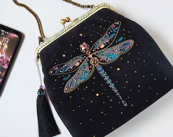 Vintage Fully Beaded Evening Bag in Dragonfly Colors of Purple and Green 1990/'s