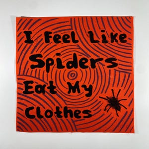 May include: Orange fabric patch with a black spider web design and the text "I feel like spiders eat my clothes".