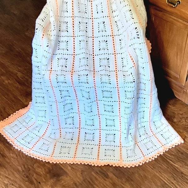 Vintage Hand Crocheted Blanket, Twin Size Hand Crocheted Blanket, 78"x 55" Blanket, Peach and White Crocheted Blanket, (See Description)