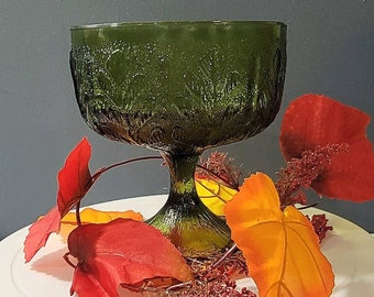 1978 Green Glass Vase by FTD, Green Oak Leaf Pattern Vase, Green Pedestal Vase, Fall Table Decor, Vintage Green Vase, (See Description)