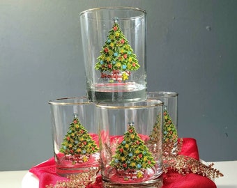 1980s Sabin Christmas Tree Glasses, 4 Christmas Lowball Glasses, Christmas Glasses, Vintage Barware, Christmas by Carlton, (See Description)