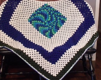 Vintage Granny Square Afghan, Handmade Crochet Throw, Blue Stripes (48x48 inches), *Description Below
