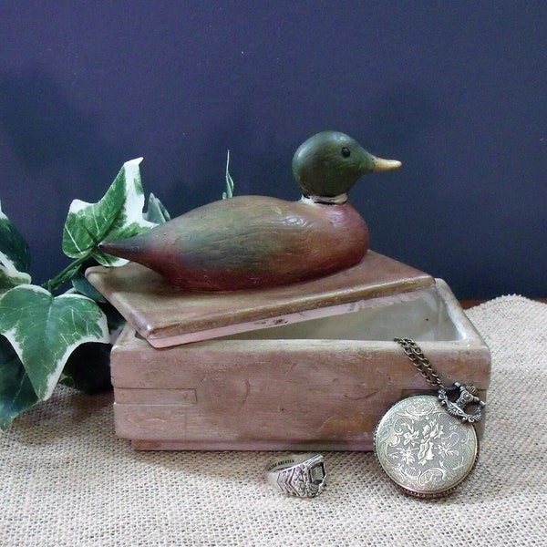 1970s Mallard Trinket Box, Ceramic Jewelry Box, Handmade Ceramic Trinket Box, Mallard Duck Trinket Box, Men's Jewelry Box, (See Description)