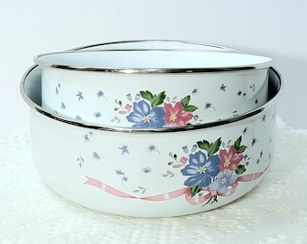 Vintage 1980's Floral and Ribbon Enamelware Nesting Bowls, 2-Pc. Set, *Description Below