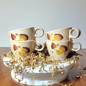 1950s Vernonware Metlox Cup Set, Four Vernon Kilns Cups, Mid-century Leaf Pattern Cups, Speckled Pattern Cups, Vintage Cups, See Description