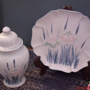 Vintage Hand Painted Japanese Ginger Jar Set: Blue & Pink Floral Ceramic, *See Description