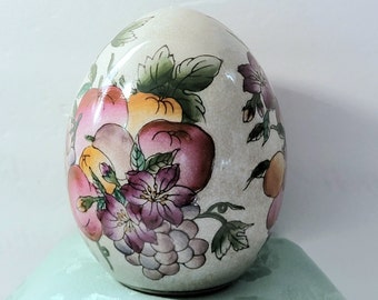 1980s Ceramic Egg, Vintage Ceramic Egg, Decorative Egg, Large Ceramic Egg,  Hand Painted Floral Design Egg, Collectible Egg, Description