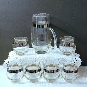 Mid-Century Libbey Silver Rim Cocktail Set: Pitcher & Roly Poly Glasses, *Description Below
