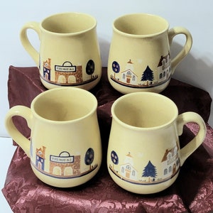 1980s Price Products Main Street Pattern Stoneware Mug Set made in Japan, Set of 4 Vintage Village Scene Stoneware Mugs, *Description