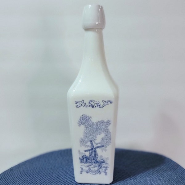 1950's Delft Blue Decanter Liquor Bottle, Vandermint Milk Glass Decanter, Dutch Windmill Design Decanter, Vintage Bar Ware, See Description